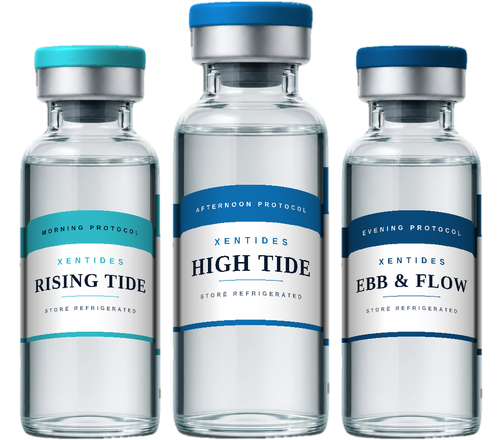 The three XenTides vials — Rising Tide, High Tide, Ebb & Flow